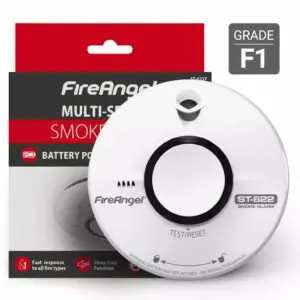 ST-622T smoke alarm with packaging and Grade F1 safety label.