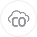 Grey cloud icon with CO letters, symbolising carbon monoxide alarms on a light background.