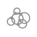 Grey interlocking rings forming a simple abstract shape on a white circular background.