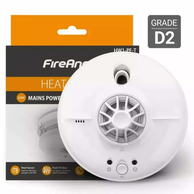 HW1-PF-T heat detector, Grade D2, mains powered, in FireAngel packaging.