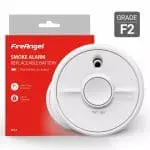 SB1-R smoke alarm with replaceable battery, red packaging, and Grade F2 label.
