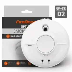 SW1-PF-T white smoke alarm with FireAngel GRADE D2 packaging.