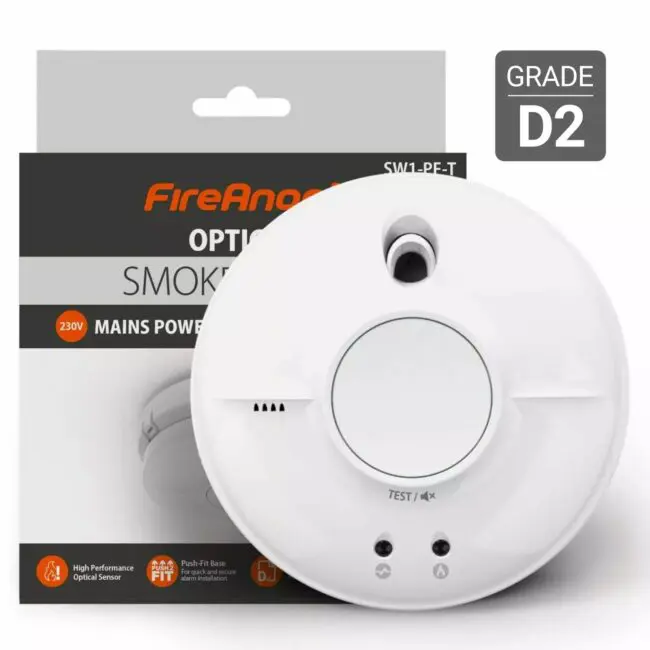 SW1-PF-T white smoke alarm with FireAngel GRADE D2 packaging.