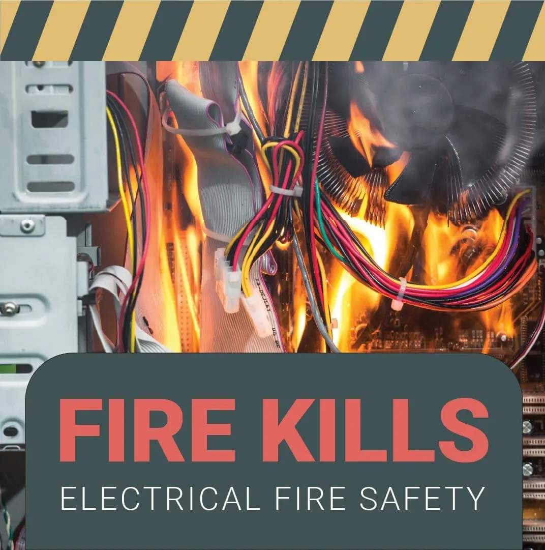 A computer with wires on fire—learn how to prevent electrical fires.