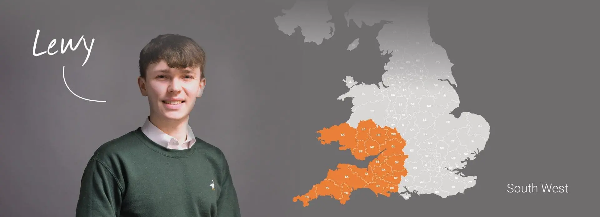 Young Lewy beside a map highlighting South West England, home to top fire safety wholesalers.