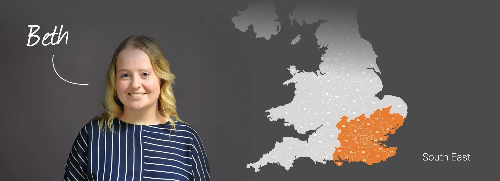 Smiling woman labelled Beth beside a highlighted map of South East England fire safety wholesalers.