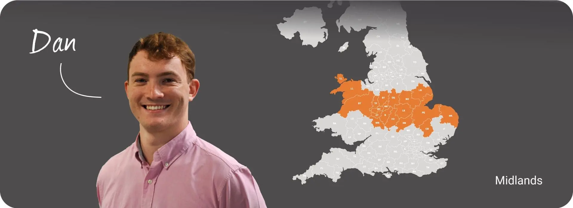 Smiling man in pink shirt beside a map of England, Midlands region for fire safety wholesalers.