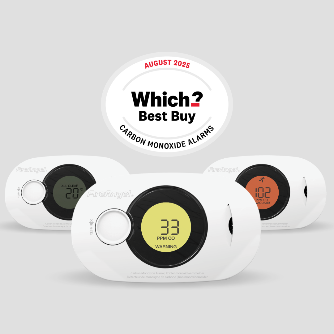 Three FireAngel FA3322 carbon monoxide alarms with digital displays and a Which? Best Buy 2025 badge.