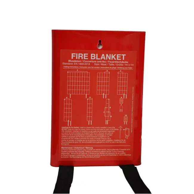 Red FB100-FA-EUR fire blanket pouch with white instructions and front diagrams.