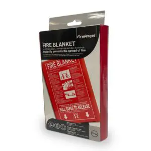 FB100-FA-EUR FireAngel fire blanket in packaging with white FA safety instructions on front.