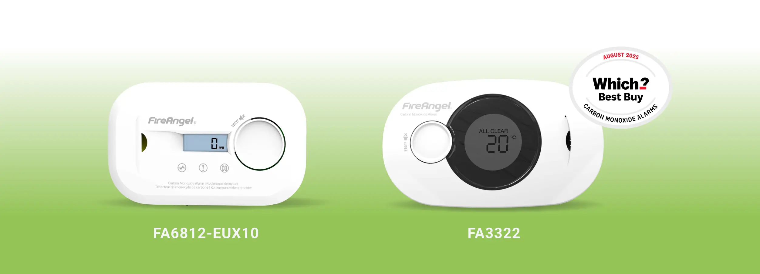 Two FireAngel carbon monoxide alarms with a Which? Best Buy badge.