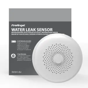 Round white FA7011-EUX4 water leak sensor shown in front of grey packaging.