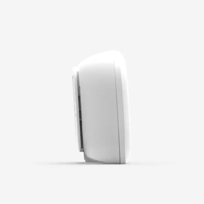 Side view of a white FA6812-EUX10 wall-mounted smart thermostat on a plain background.