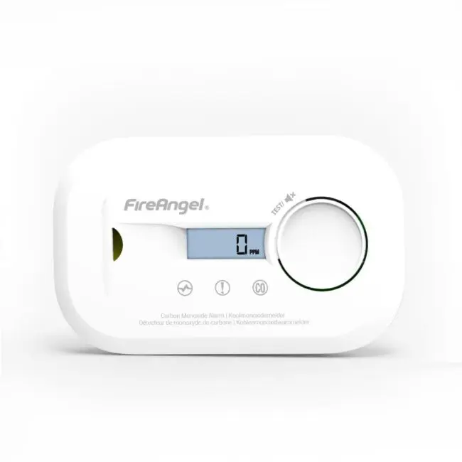 White FA6812-EUX10 carbon monoxide alarm with digital display showing 0 ppm.