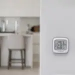 The FA7312-EUX4 digital thermostat is mounted on a white wall, kitchen and stools in the background.