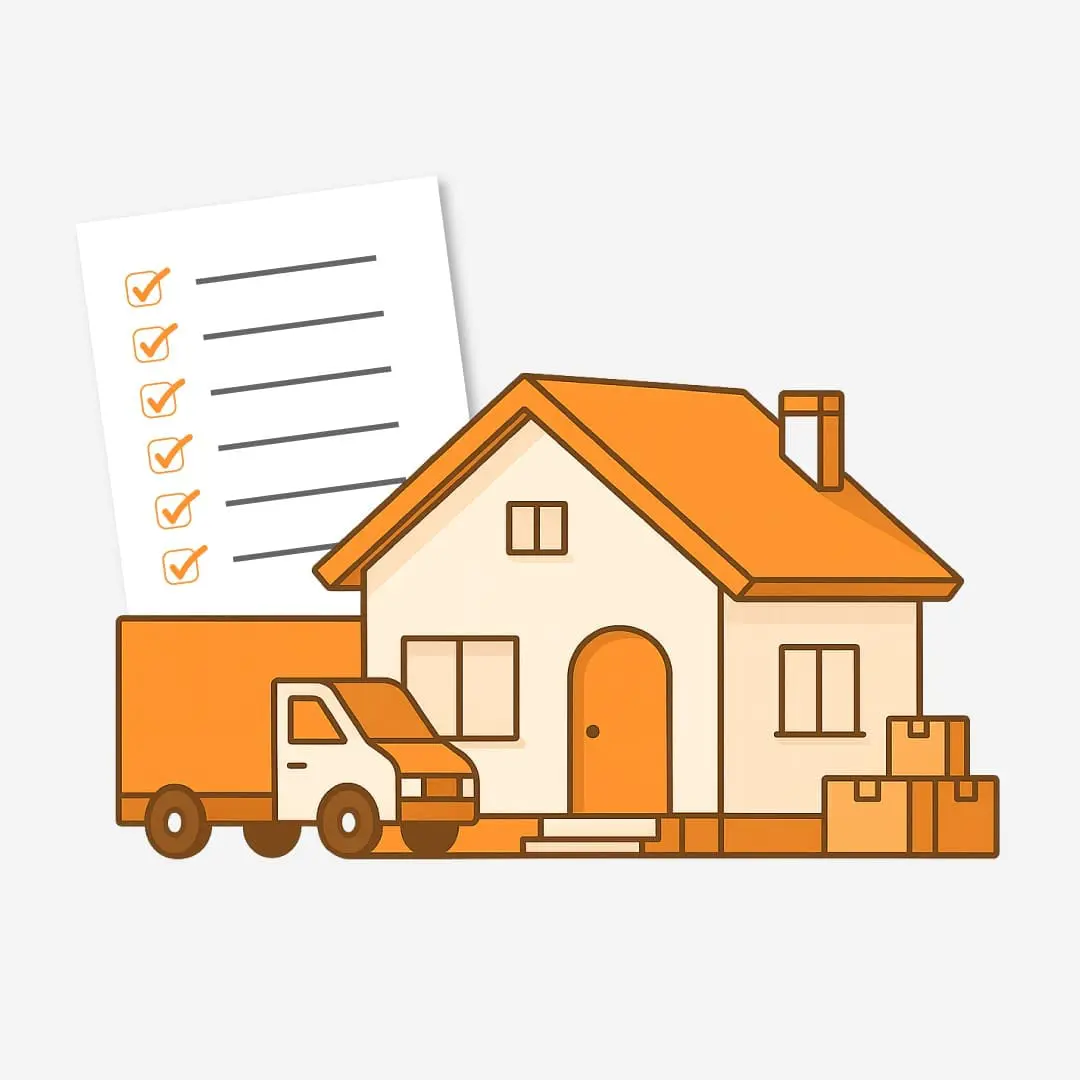 Illustration of a house, removal lorry, boxes, and a New Home Checklist in the background.