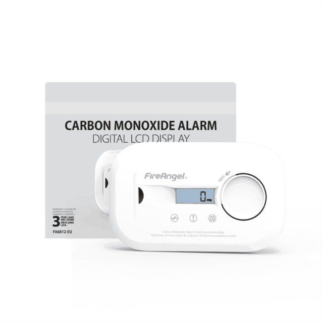 White FireAngel FA6812-EUX10 CO alarm with digital LCD display, shown before packaging.