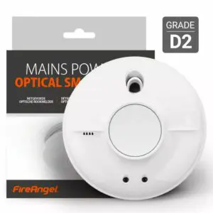 A white FireAngel optical smoke alarm, model SW10-EUT, in packaging.
