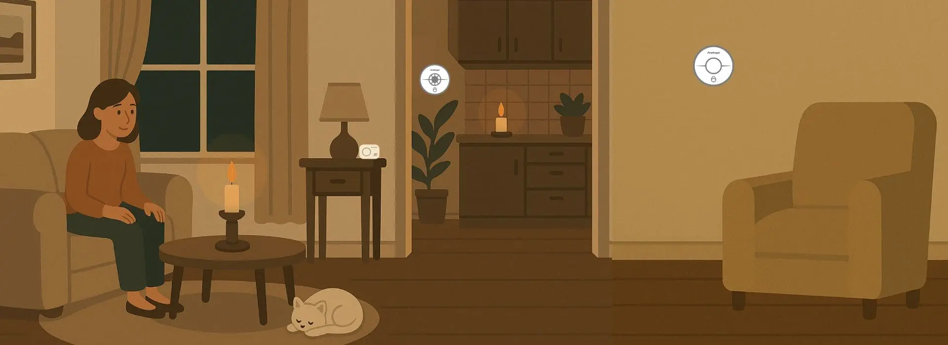 A woman sits on a settee with a candle lit, practising candle fire safety, her dog sleeps nearby.