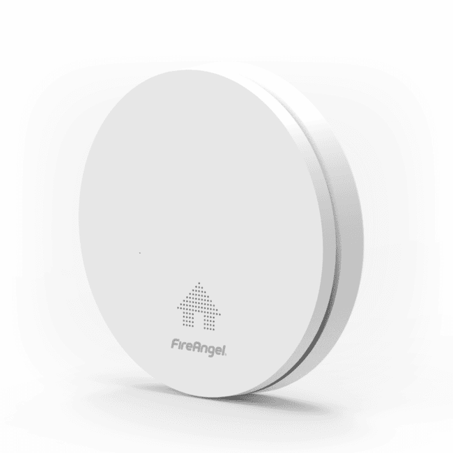 White, round FA6629S smoke detector with FireAngel logo on front against plain background.