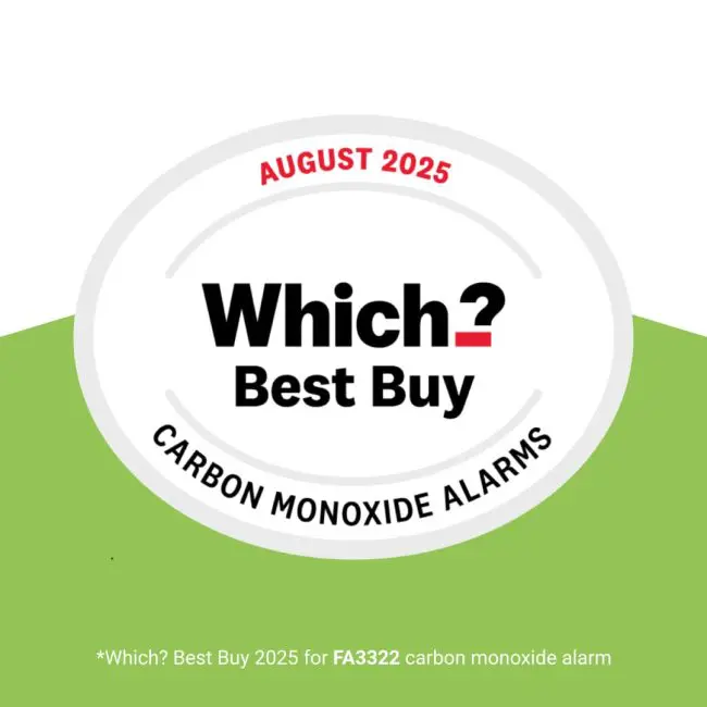 Which? Best Buy August 2025 badge for CO alarm on green background.
