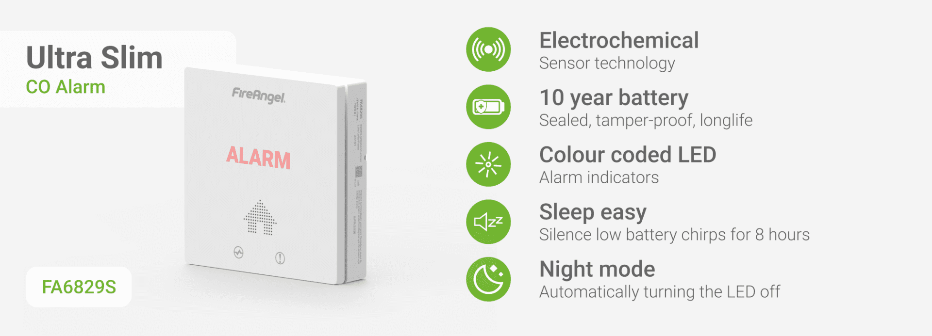 Ultra Slim CO alarm with 10-year battery, LED, night mode, sleep mode, model FA6829S.