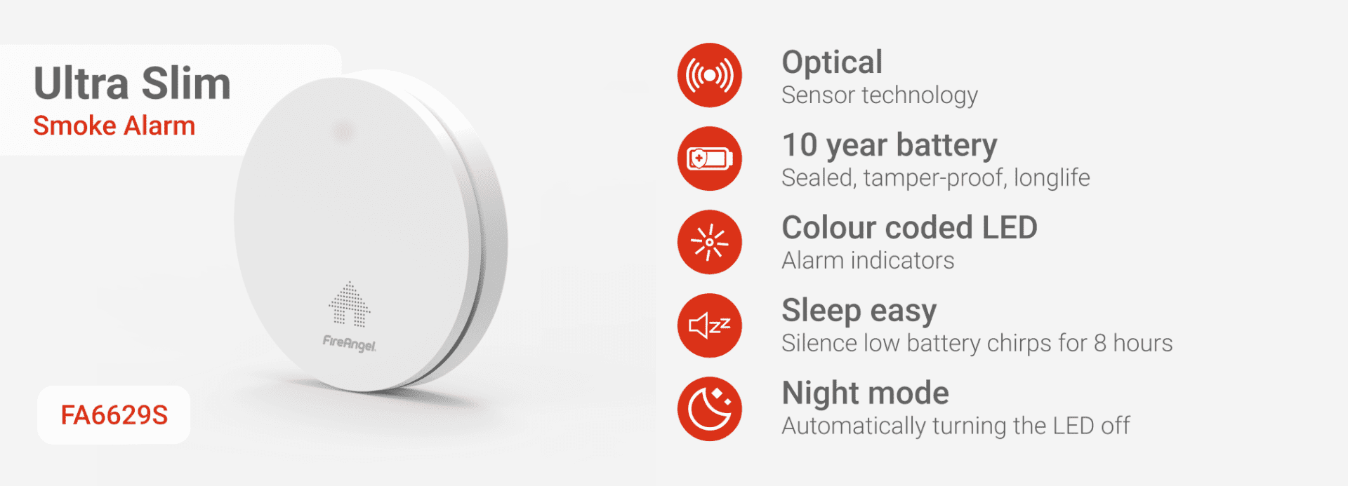 Ultra Slim smoke alarm with 10-year battery, night mode, and advanced safety features.