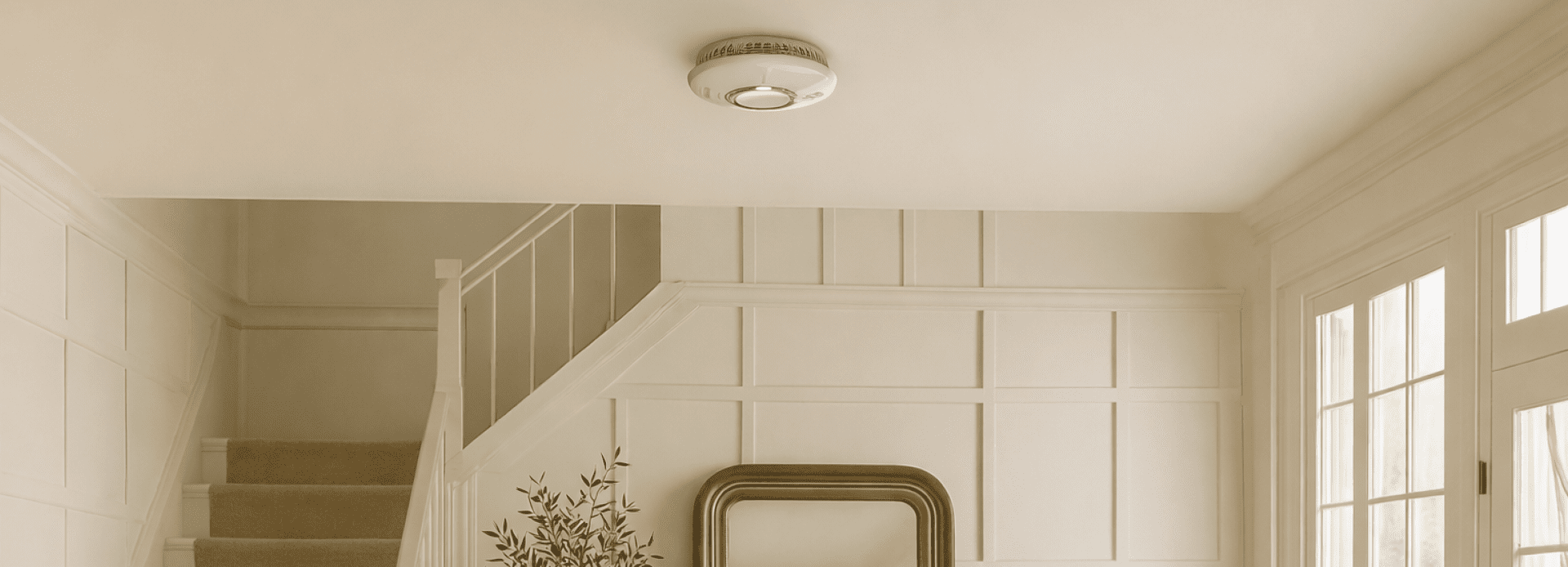 FireAngel smoke alarm positioned in a modern, cream coloured hallway inside of a home