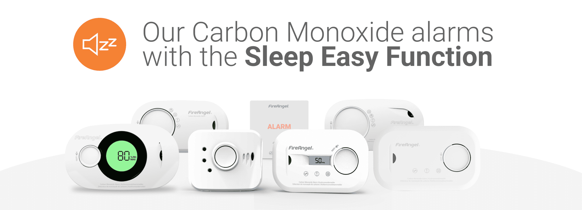 Six carbon monoxide alarms with digital displays and Sleep Easy function on a white background.
