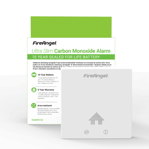FA6829S CO alarm with product box showing features and warranty info.