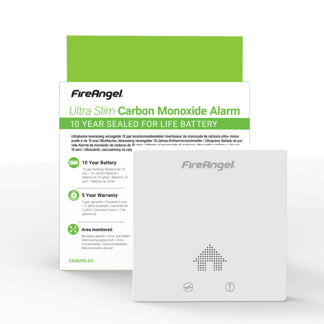 FA6829S CO alarm with product box showing features and warranty info.