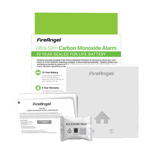 FA6829S CO alarm with manual, accessory pack, and warranty card shown.