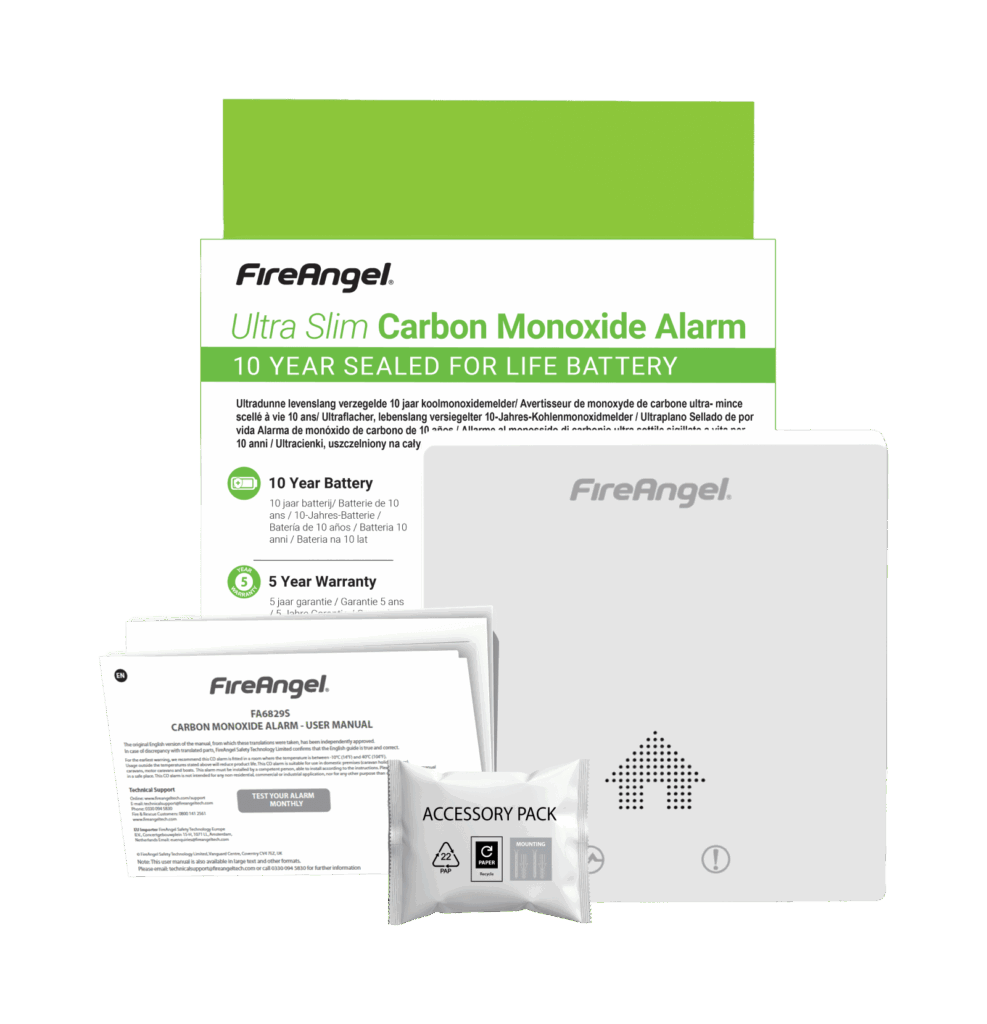 FA6829S CO alarm with manual, accessory pack, and warranty card shown.