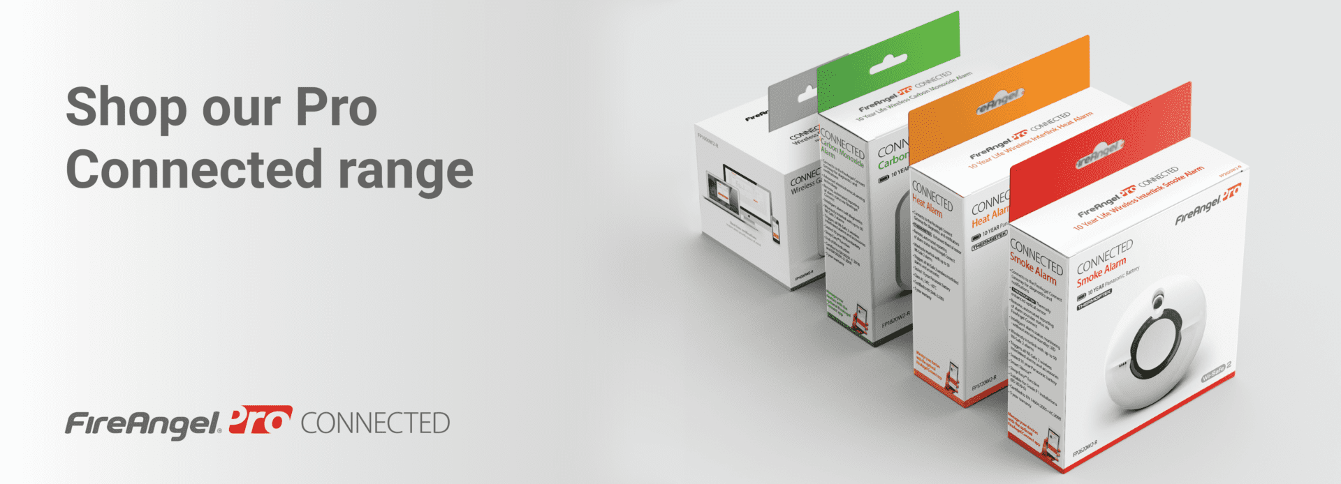 Four FireAngel Pro Connected boxes shown—shop our Pro Connected range for homes using emollients.