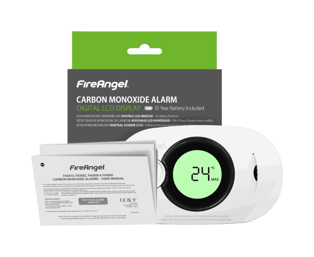 FA3322 carbon monoxide alarm with LCD display shown on packaging front.