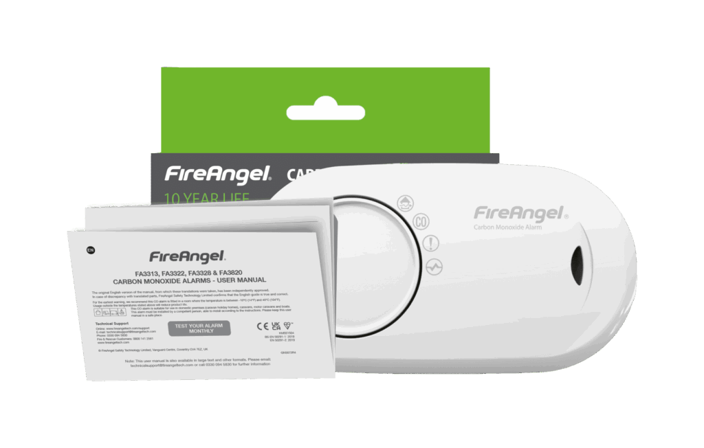 FA3820-EUX10 carbon monoxide alarm with manual and green packaging.