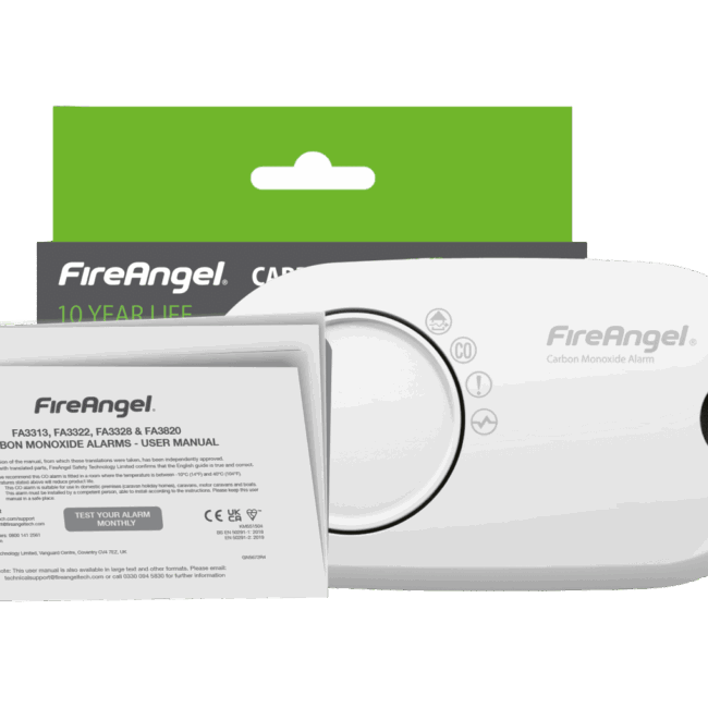 FA3820-EUX10 carbon monoxide alarm with manual and green packaging.