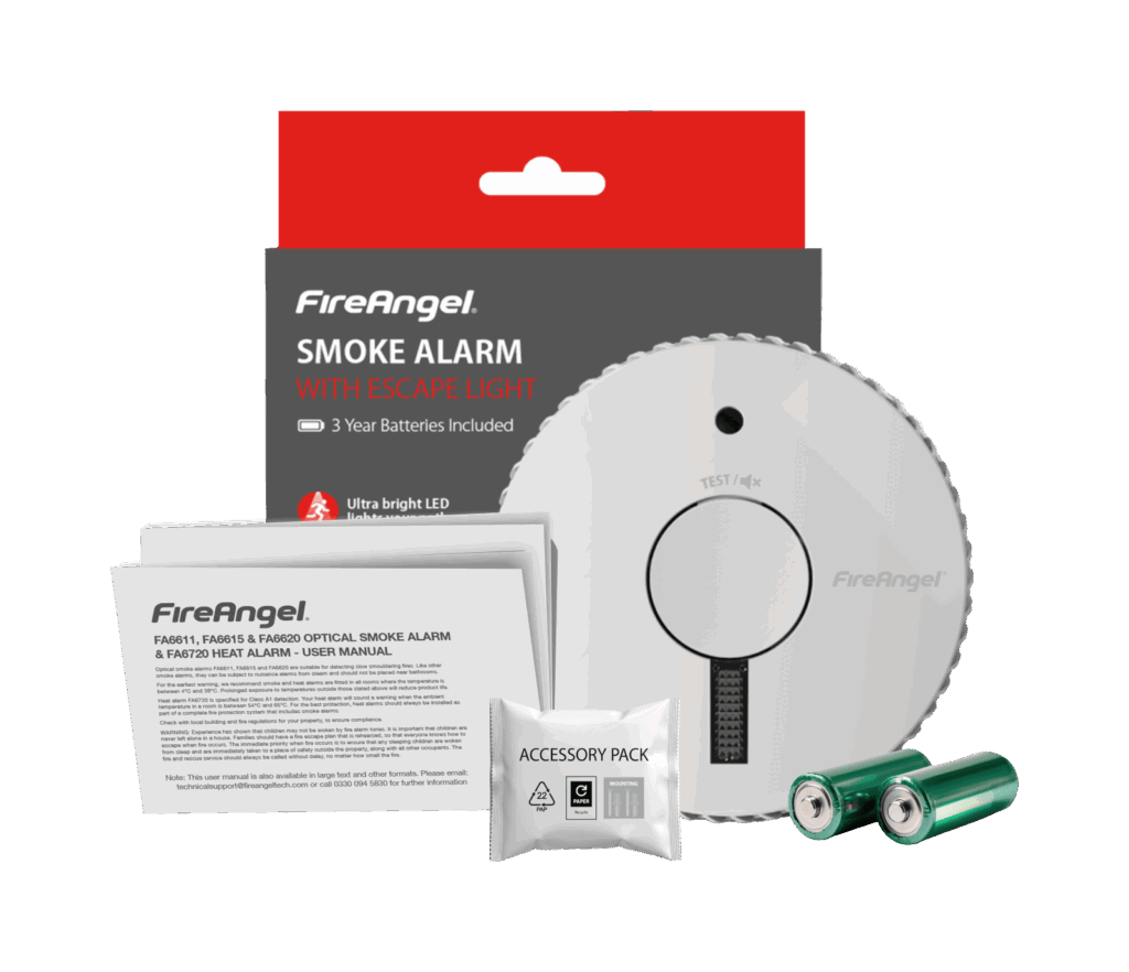 FA6611-R smoke alarm kit with escape light, batteries, and manual.