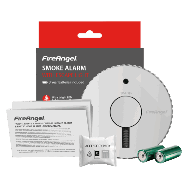 FA6611-R smoke alarm kit with escape light, batteries, and manual.