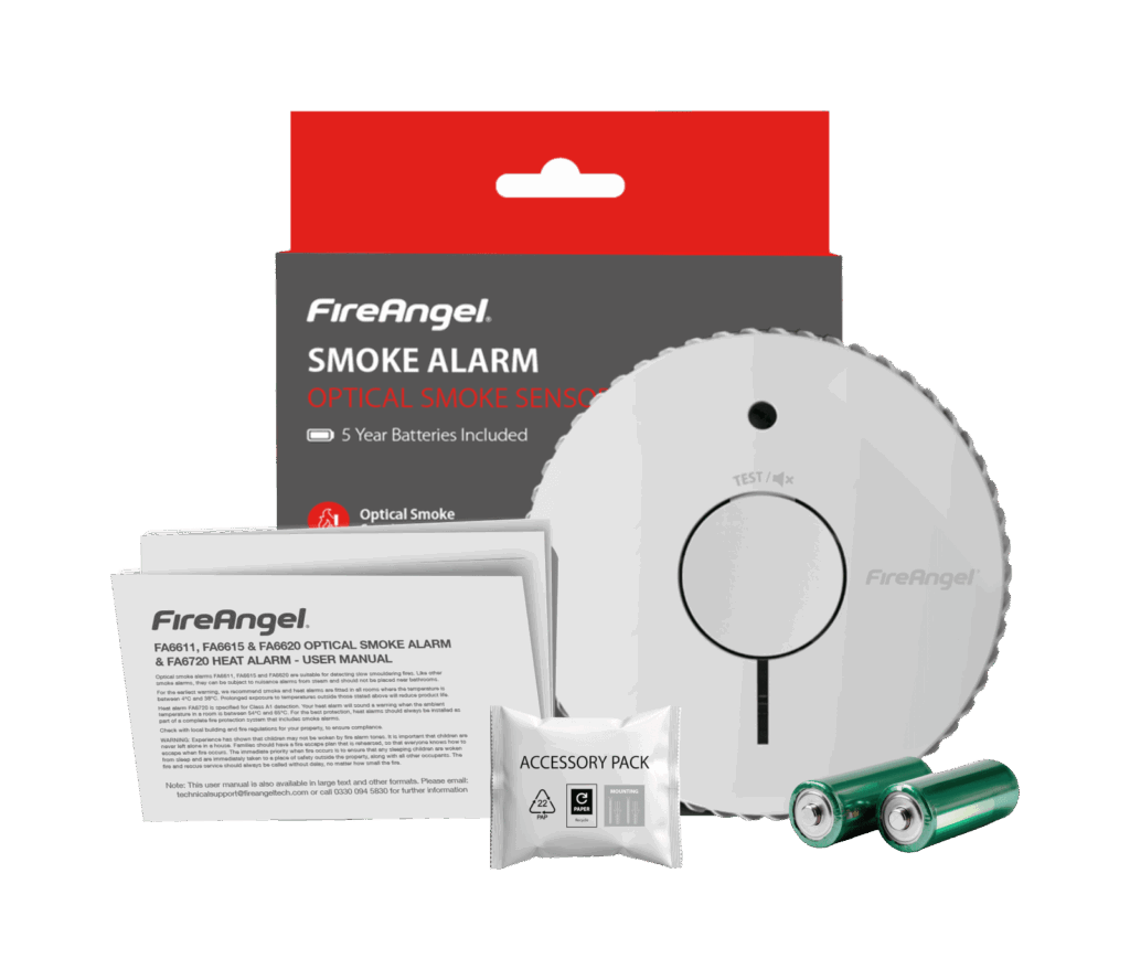 FA6615-R smoke alarm kit with batteries, user manual, and accessory pack.