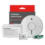 FA6615-R smoke alarm kit with batteries, user manual, and accessory pack.