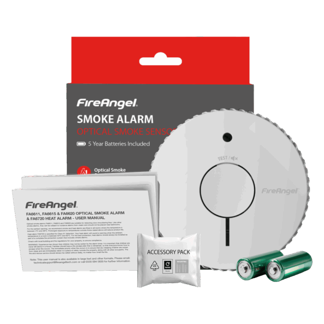 FA6615-R smoke alarm kit with batteries, user manual, and accessory pack.