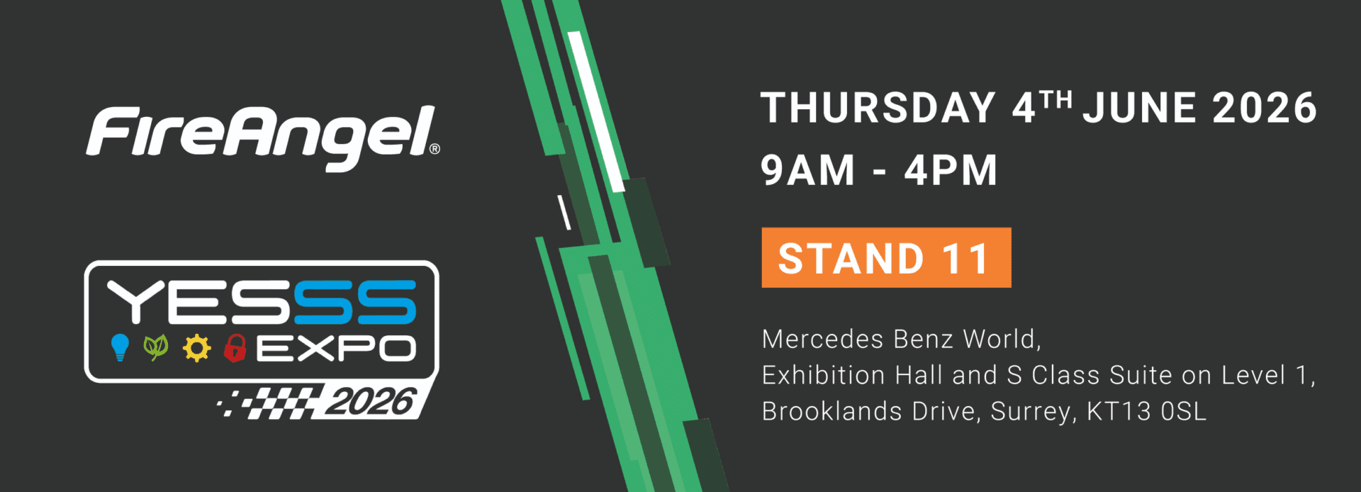 FireAngel at YESSS Expo 2026, Stand 11, 4 June, Surrey—full event details displayed.