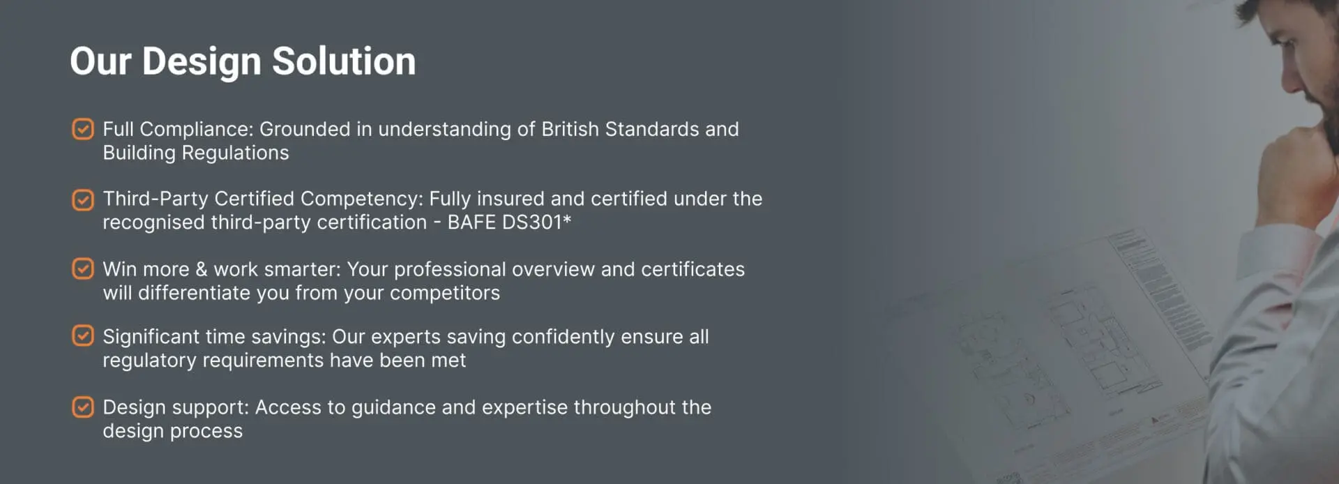 Showcasing fire safety design features on grey, with a person holding architectural plans.