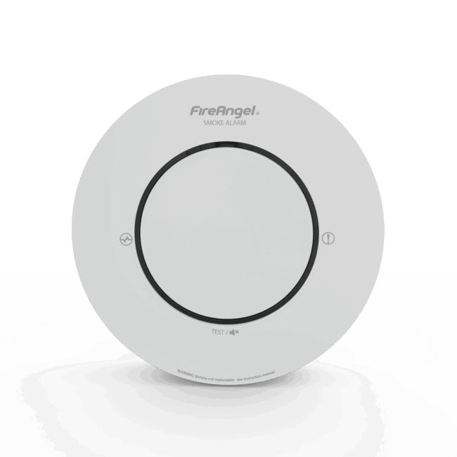 Spec+ Enhanced Optical Smoke Alarm, central test button, SP500 rating, shown from above on white.