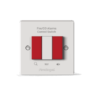 Spec+ Hardwired Controller: White switch for Fire/CO alarms, with red accents and test button.