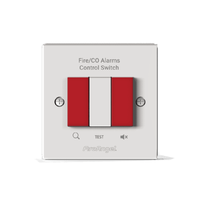 Spec+ Hardwired Controller: White switch for Fire/CO alarms, with red accents and test button.