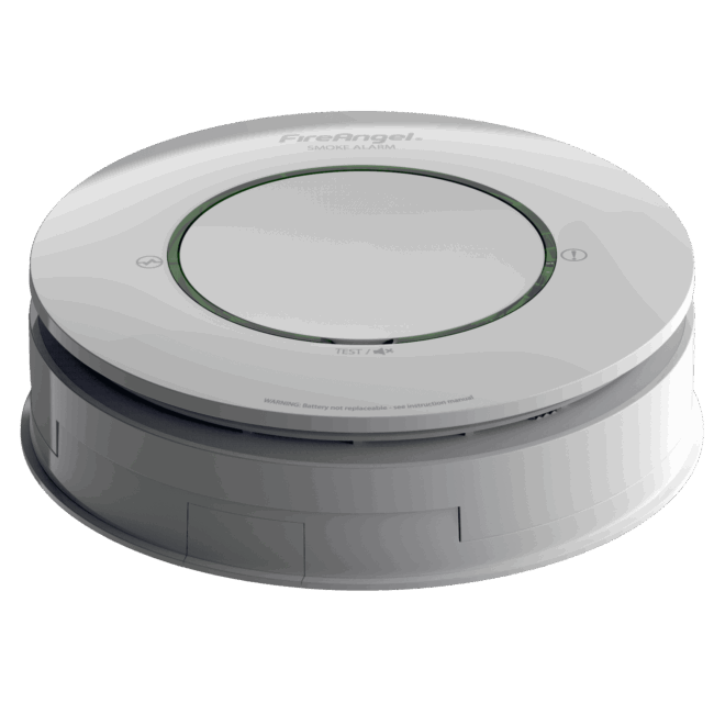White, round Spec+ Enhanced Optical Smoke Alarm with central test button, SP500 compliant.