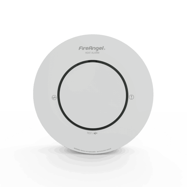 Spec+ Optimised Heat Alarm with central button, minimalist design, shown on white background.