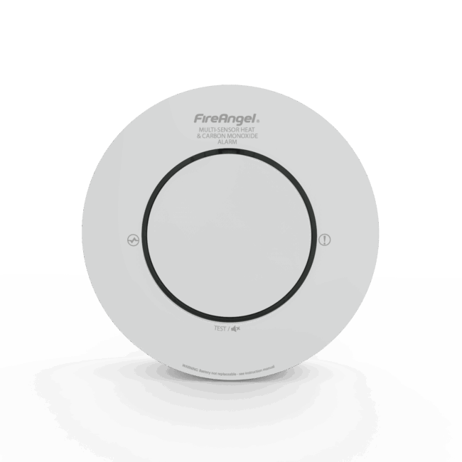 White circular Spec+ Multi-Sensor Heat & CO Alarm with central button and labelled test function.